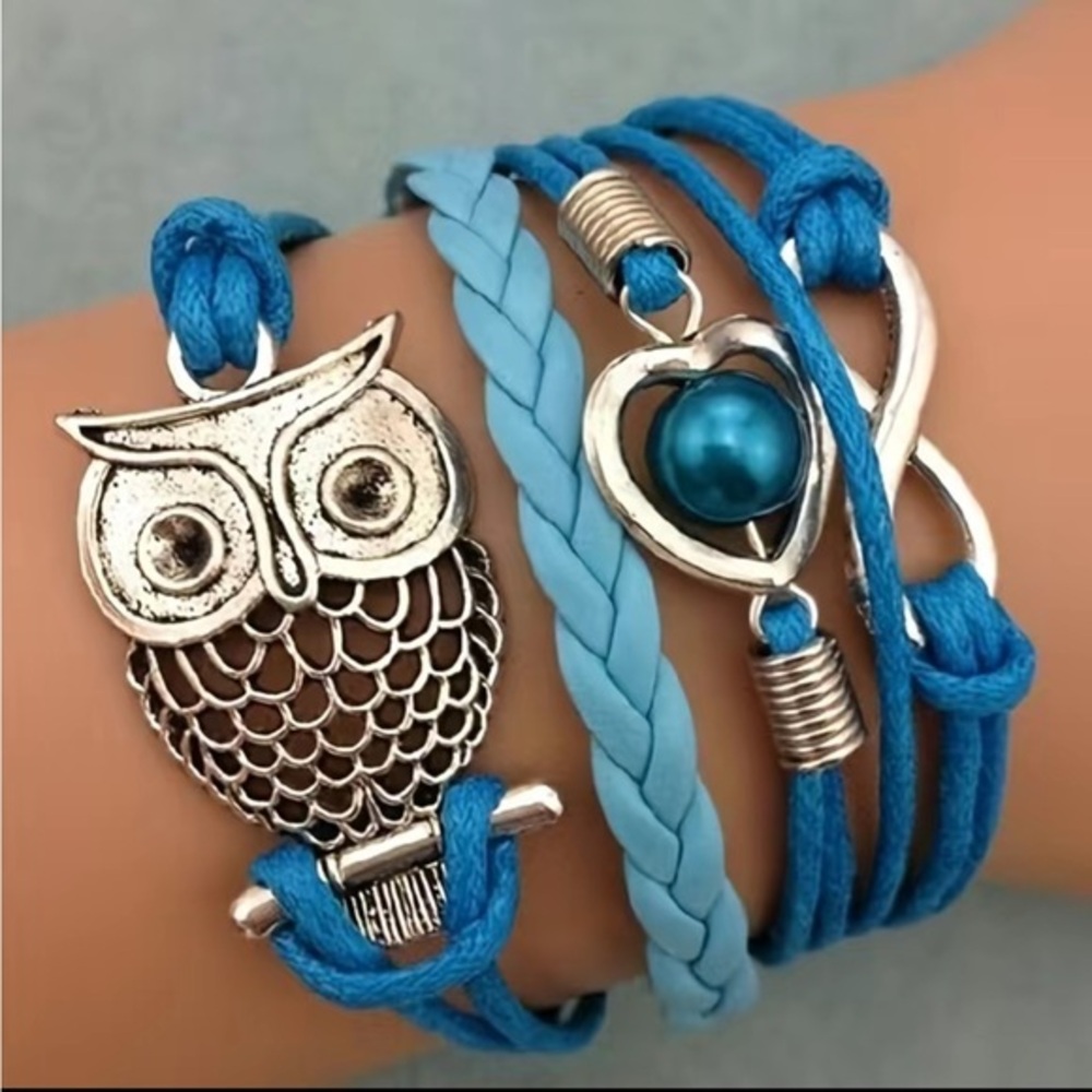 New! Pretty Blue Silver Multilayer Owl Infinity Five Layered Leather Bracelet